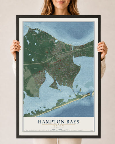 Hampton Bays, New York map print, 24" x 36" W/ Black Ayous Wood Frame mockup