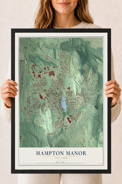 Hampton Manor, New York map print, 18" x 24" W/ Black Ayous Wood Frame mockup