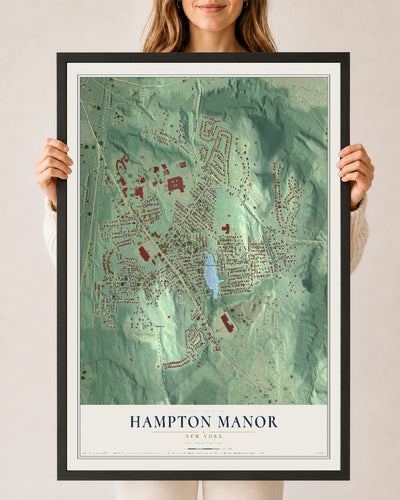Hampton Manor, New York map print, 24" x 36" W/ Black Ayous Wood Frame mockup