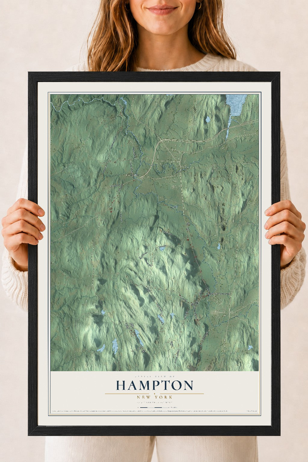 Hampton, New York map print, 18" x 24" W/ Black Ayous Wood Frame mockup