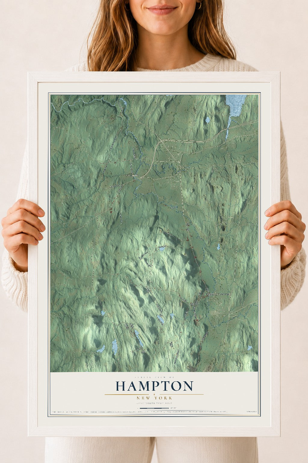 Hampton, New York map print, 18" x 24" W/ White Ayous Wood Frame mockup