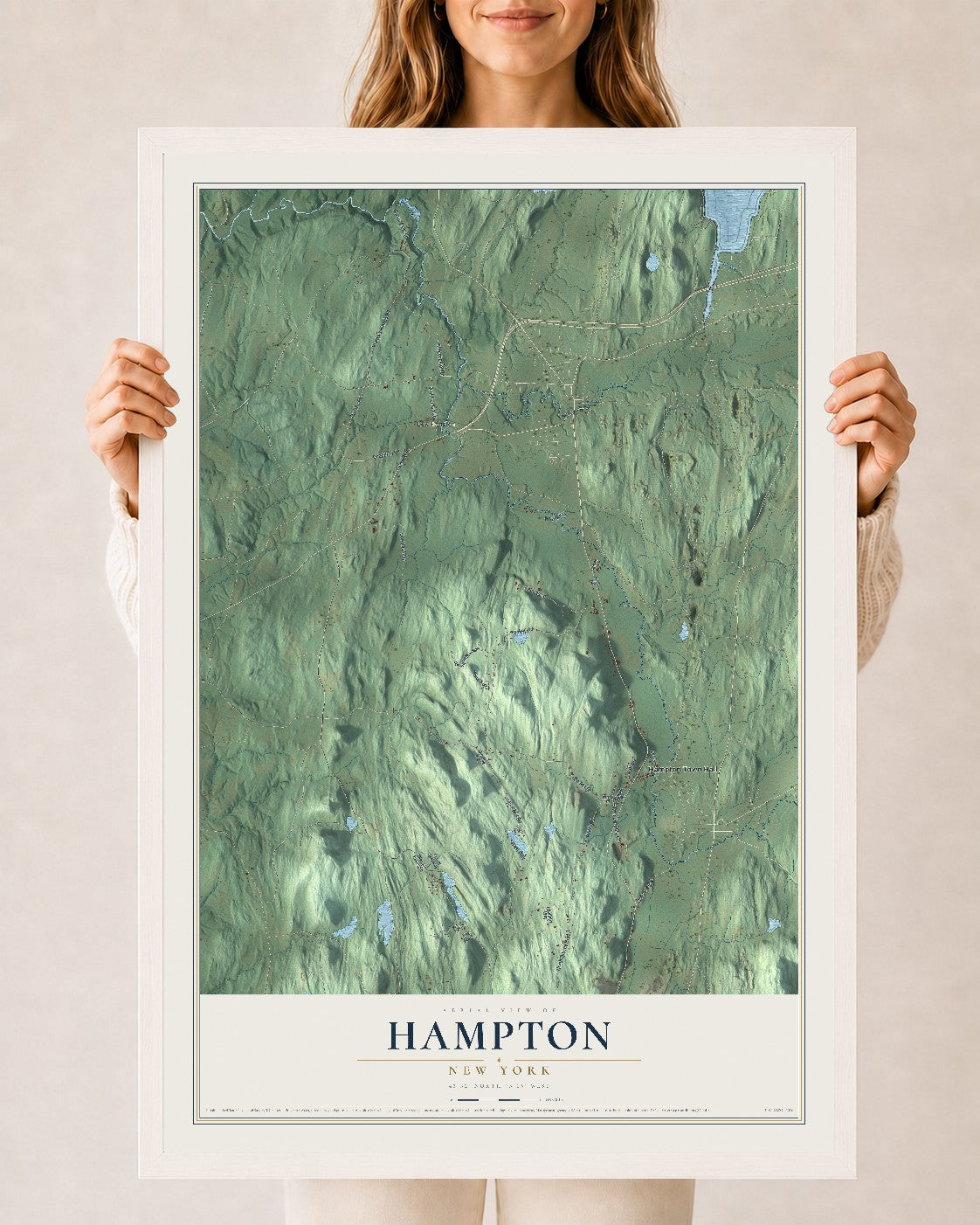 Hampton, New York map print, 24" x 36" W/ White Ayous Wood Frame mockup
