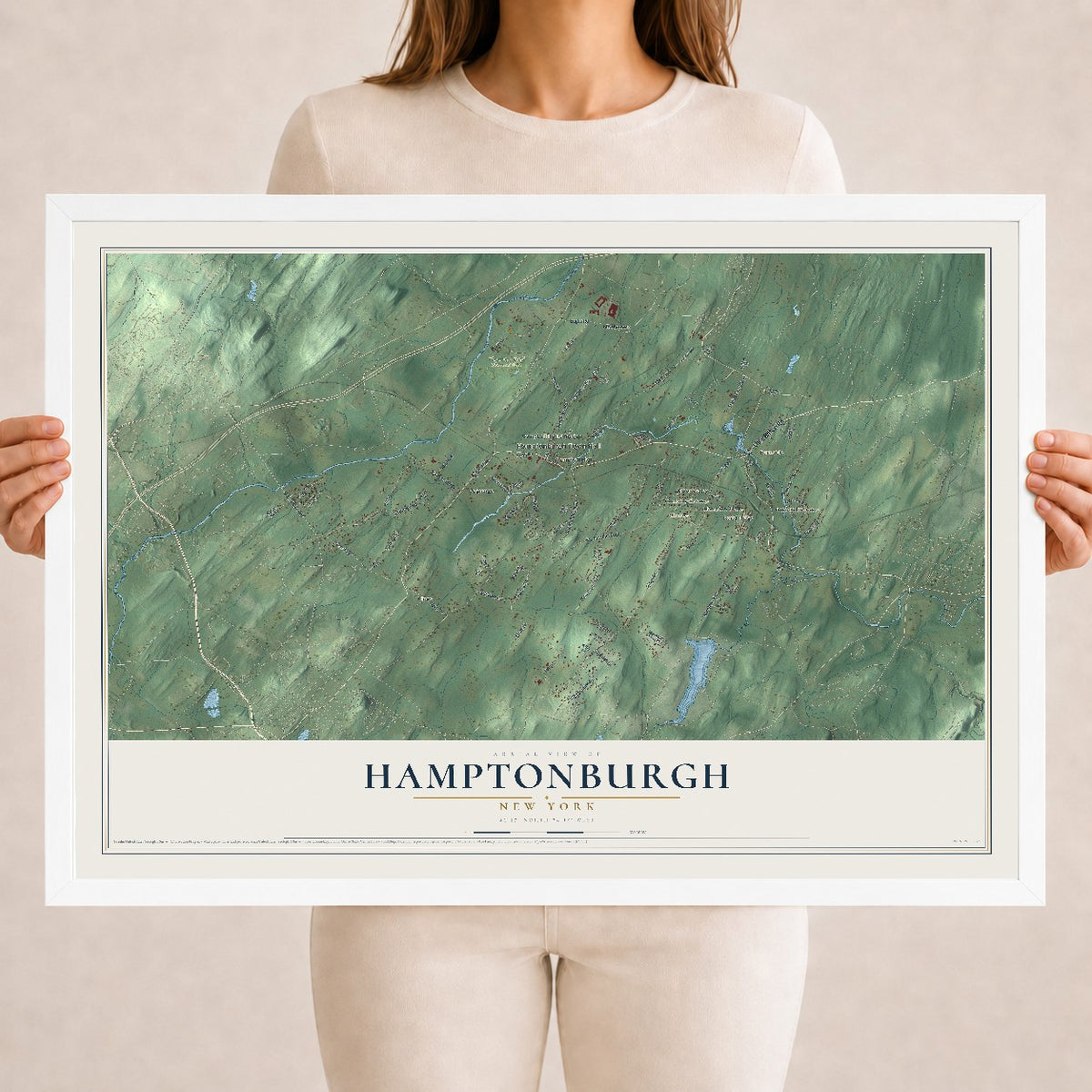 Hamptonburgh, New York map print, 18" x 24" W/ White Ayous Wood Frame mockup