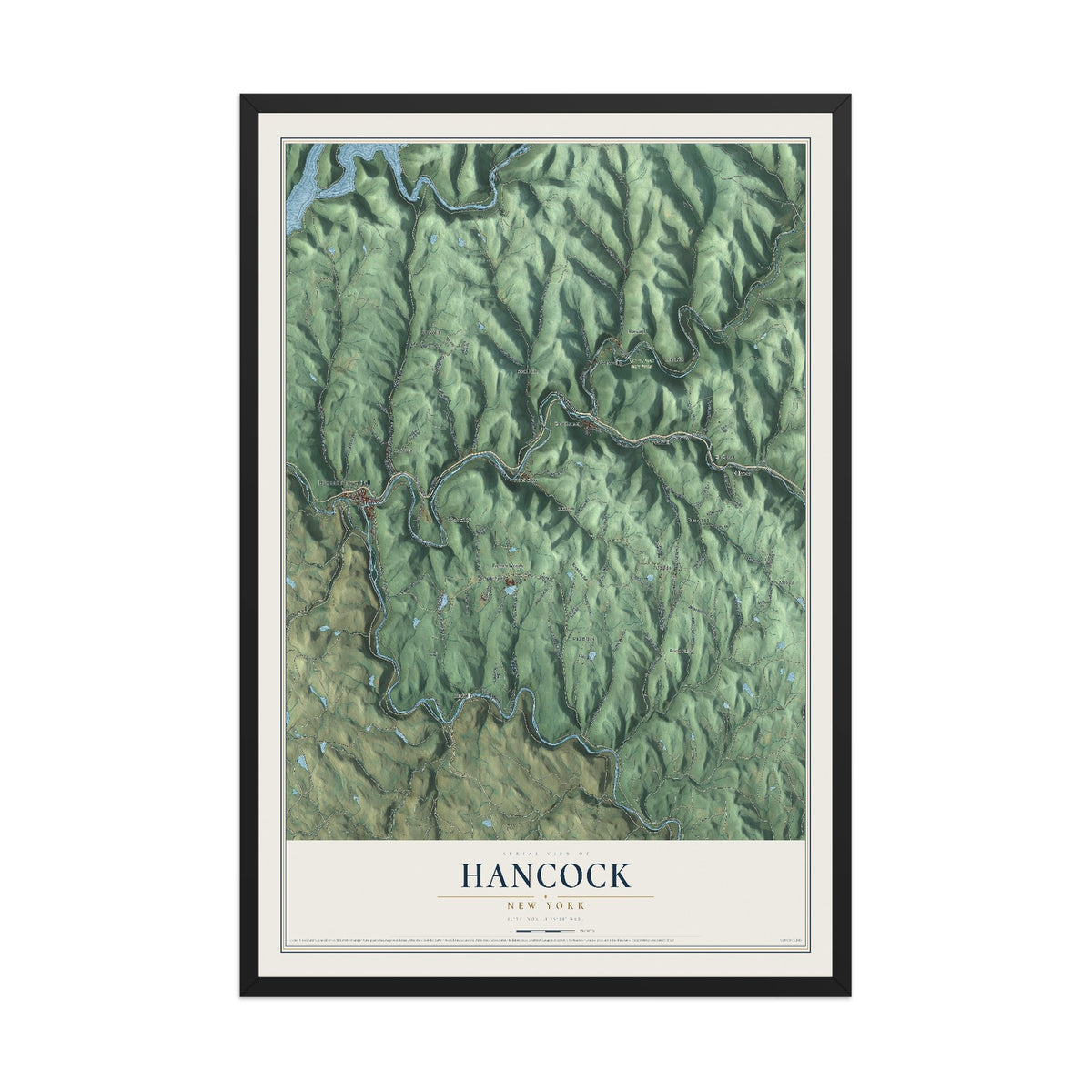 Hancock, New York map print, 12" x 18" W/ Black Ayous Wood Frame mockup
