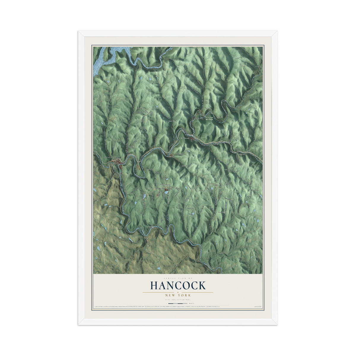 Hancock, New York map print, 12" x 18" W/ White Ayous Wood Frame mockup