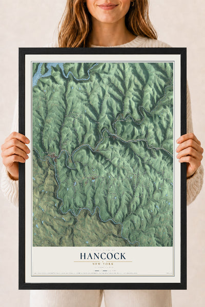 Hancock, New York map print, 18" x 24" W/ Black Ayous Wood Frame mockup