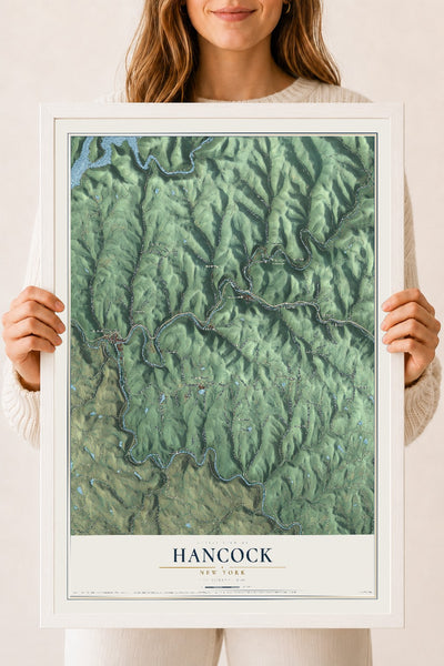 Hancock, New York map print, 18" x 24" W/ White Ayous Wood Frame mockup