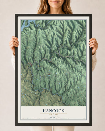 Hancock, New York map print, 24" x 36" W/ Black Ayous Wood Frame mockup