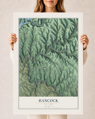Hancock, New York map print, 24" x 36" W/ White Ayous Wood Frame mockup