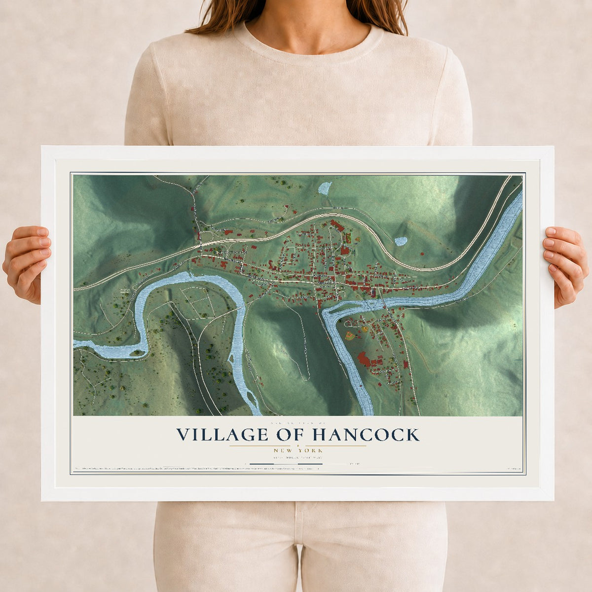 Hancock, New York map print, 12" x 18" W/ White Ayous Wood Frame mockup