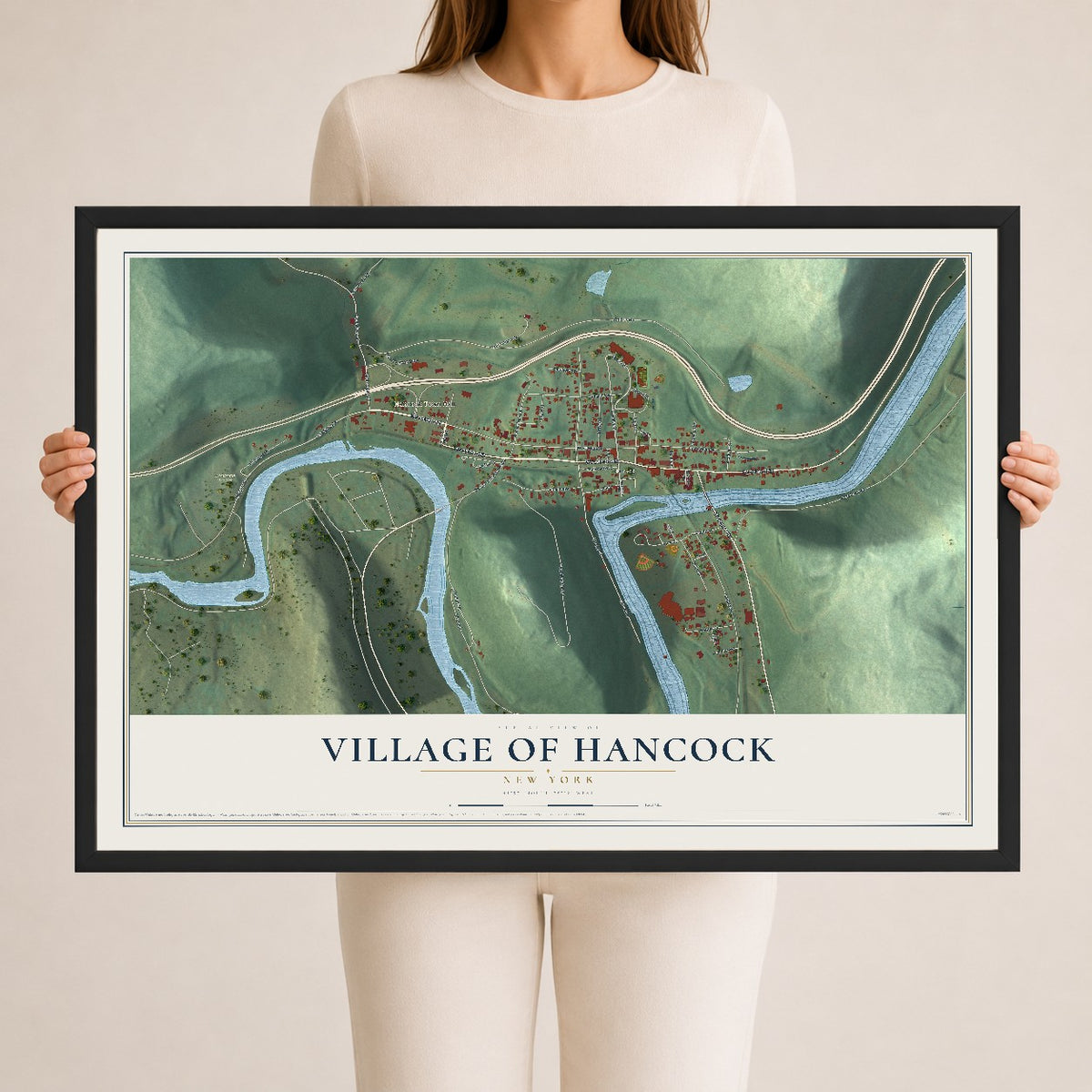 Hancock, New York map print, 24" x 36" W/ Black Ayous Wood Frame mockup