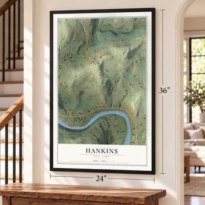 Hankins, New York map, 24 x 36 inch print in a black frame by a staircase