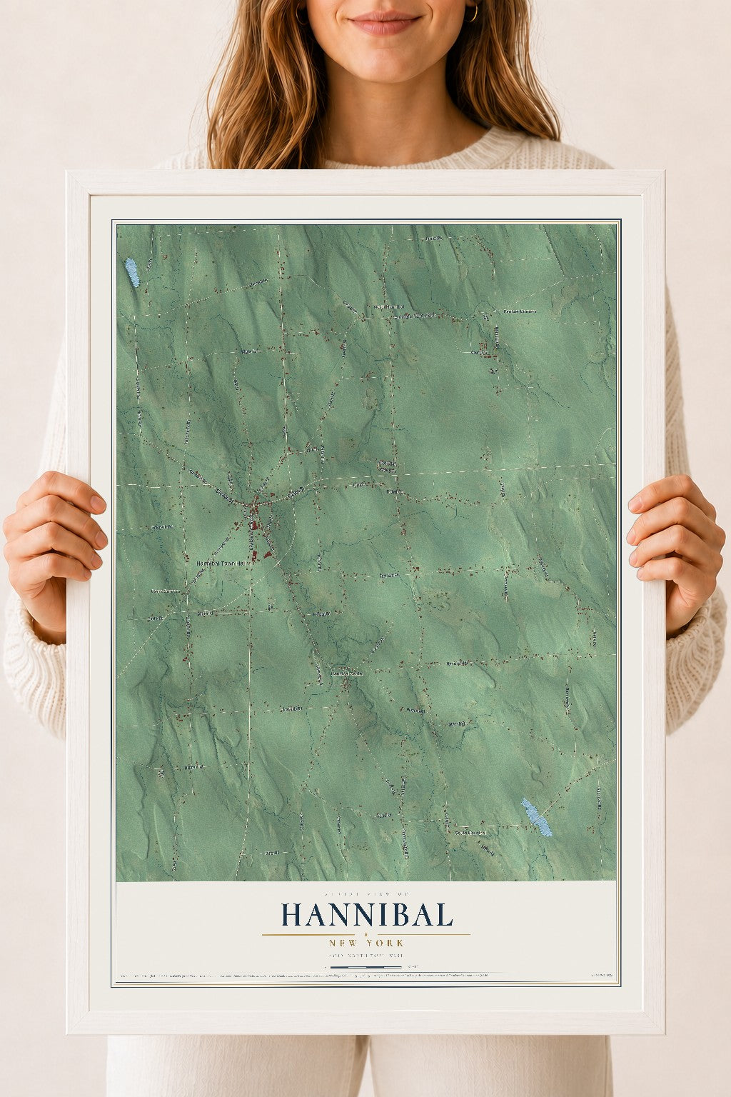 Hannibal, New York map print, 18" x 24" W/ White Ayous Wood Frame mockup
