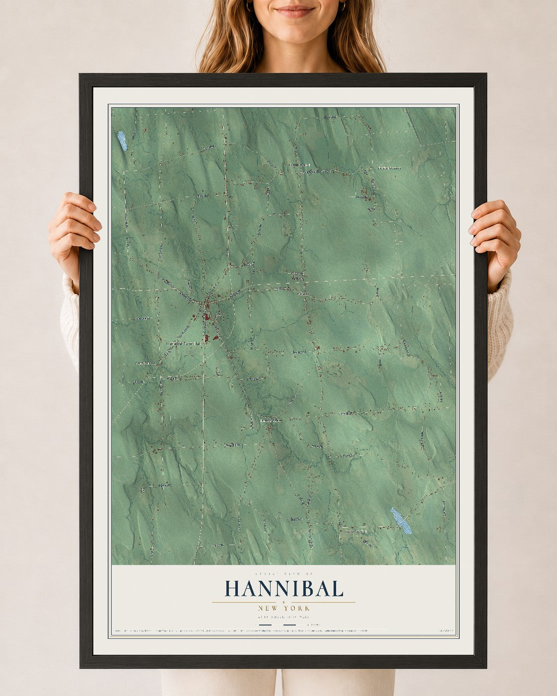 Hannibal, New York map print, 24" x 36" W/ Black Ayous Wood Frame mockup