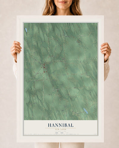 Hannibal, New York map print, 24" x 36" W/ White Ayous Wood Frame mockup