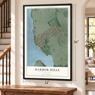 Harbor Hills, New York map, 24 x 36 inch print in a black frame by a staircase