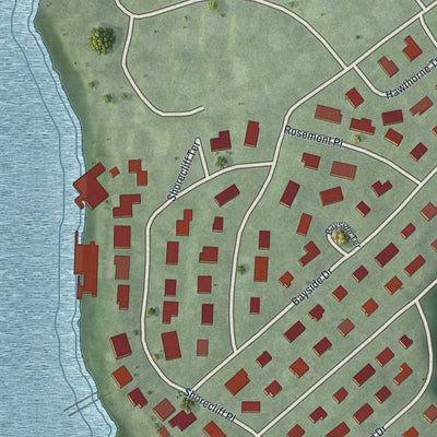 Close-up of the map of Harbor Hills, New York print showing street and building detail
