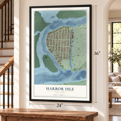 Harbor Isle, New York map, 24 x 36 inch print in a black frame by a staircase