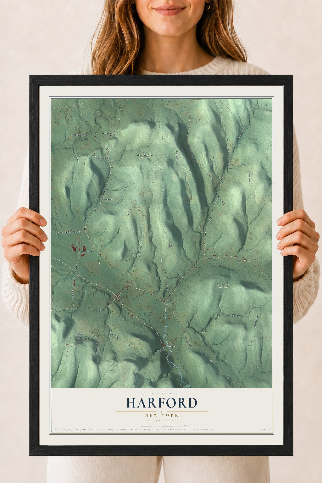 Harford, New York map print, 18" x 24" W/ Black Ayous Wood Frame mockup