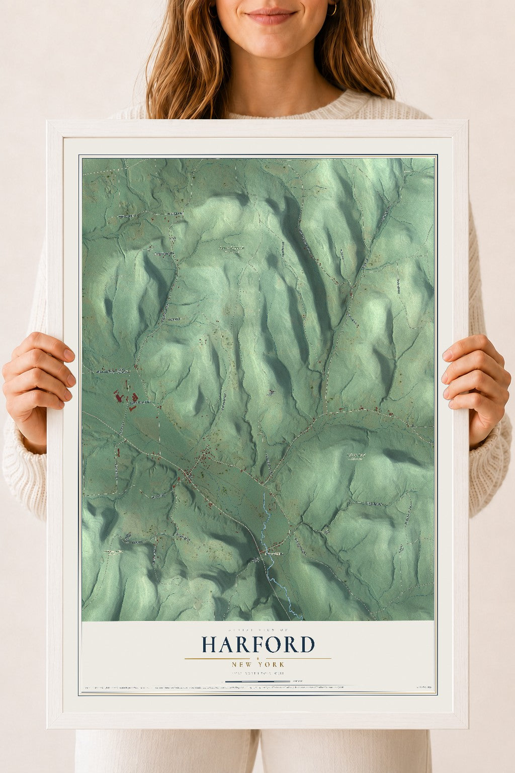 Harford, New York map print, 18" x 24" W/ White Ayous Wood Frame mockup
