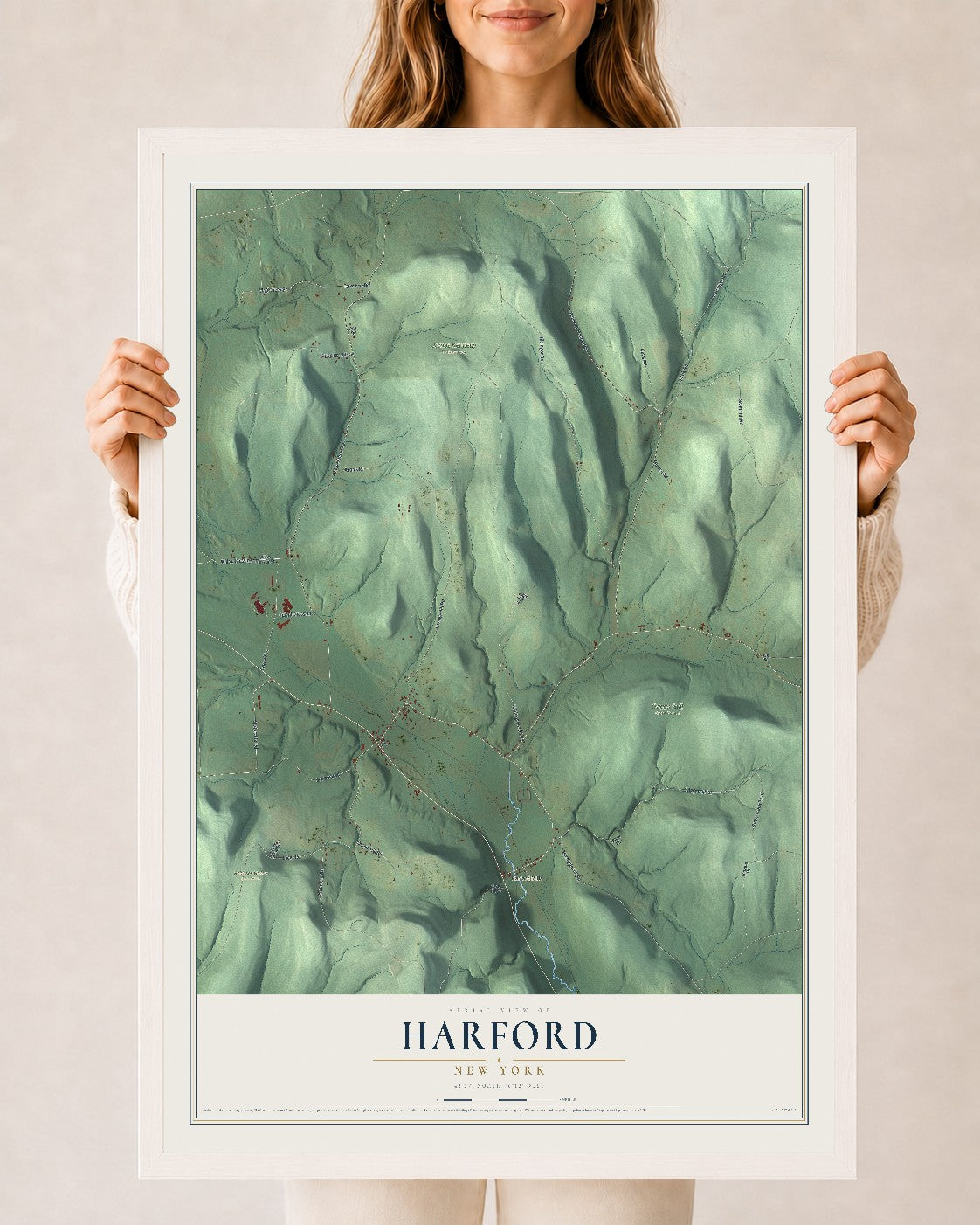 Harford, New York map print, 24" x 36" W/ White Ayous Wood Frame mockup