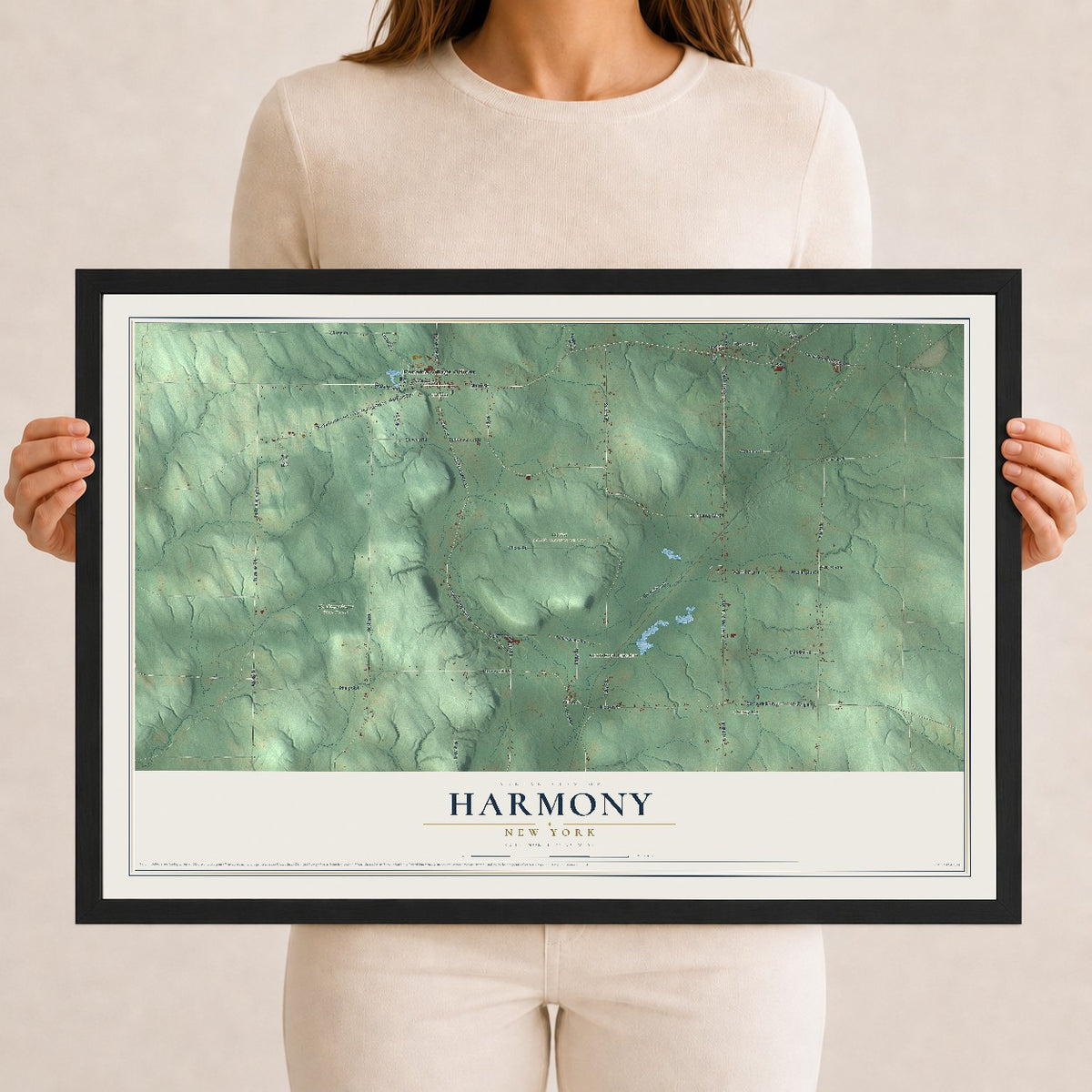 Harmony, New York map print, 12" x 18" W/ Black Ayous Wood Frame mockup