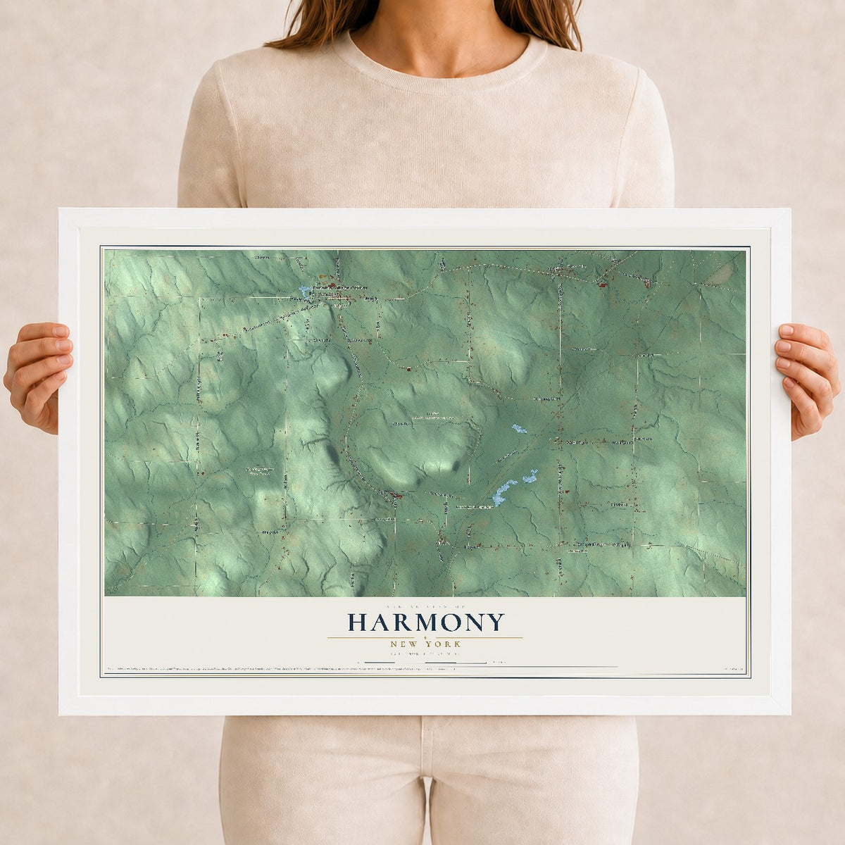 Harmony, New York map print, 12" x 18" W/ White Ayous Wood Frame mockup