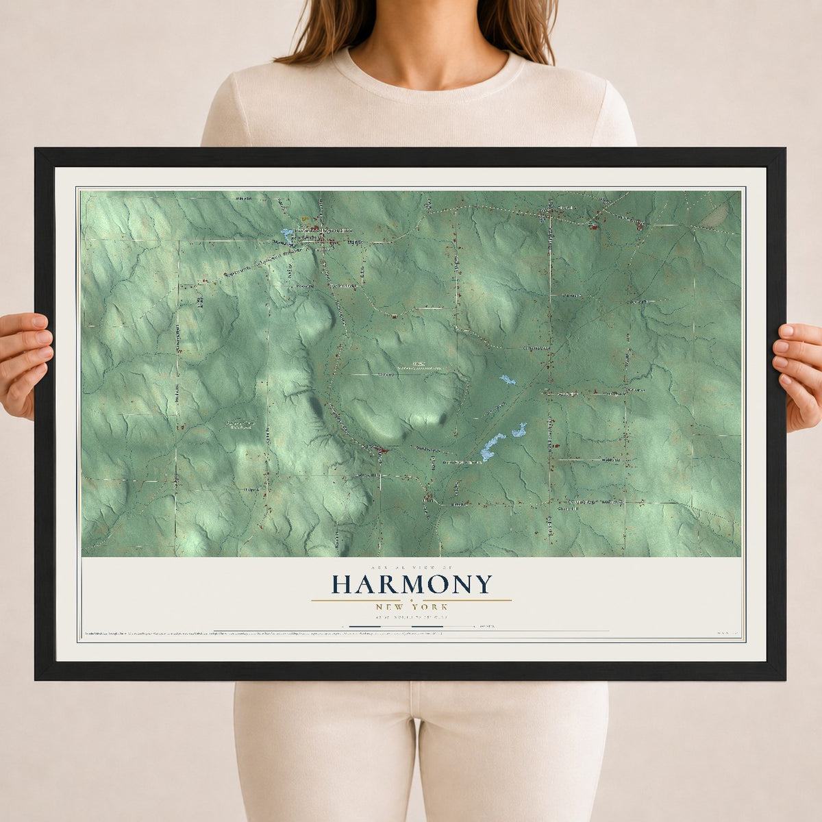 Harmony, New York map print, 18" x 24" W/ Black Ayous Wood Frame mockup