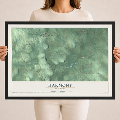 Harmony, New York map print, 18" x 24" W/ Black Ayous Wood Frame mockup