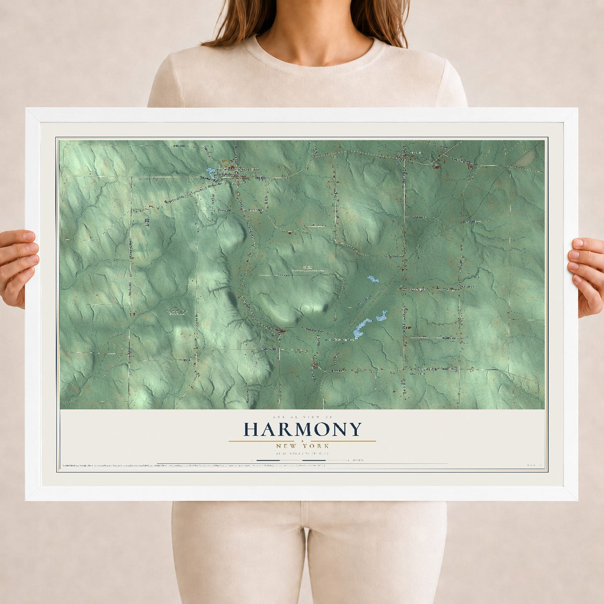 Harmony, New York map print, 18" x 24" W/ White Ayous Wood Frame mockup