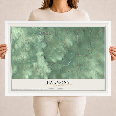 Harmony, New York map print, 18" x 24" W/ White Ayous Wood Frame mockup