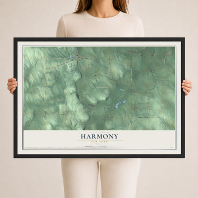 Harmony, New York map print, 24" x 36" W/ Black Ayous Wood Frame mockup