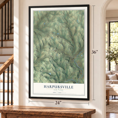 Harpursville, New York map, 24 x 36 inch print in a black frame by a staircase