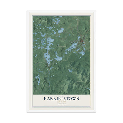 Harrietstown, New York map print, 12" x 18" W/ White Ayous Wood Frame mockup
