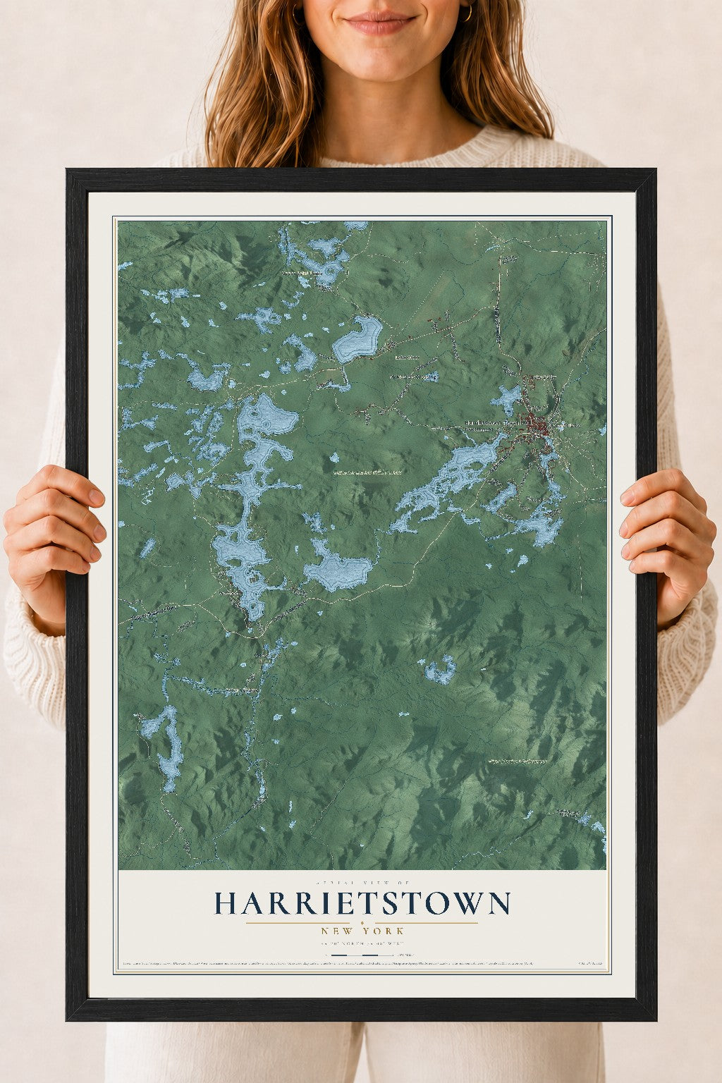 Harrietstown, New York map print, 18" x 24" W/ Black Ayous Wood Frame mockup