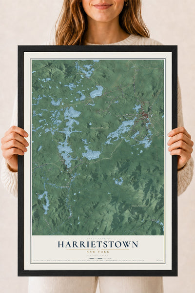 Harrietstown, New York map print, 18" x 24" W/ Black Ayous Wood Frame mockup
