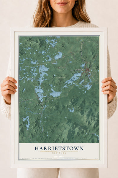 Harrietstown, New York map print, 18" x 24" W/ White Ayous Wood Frame mockup