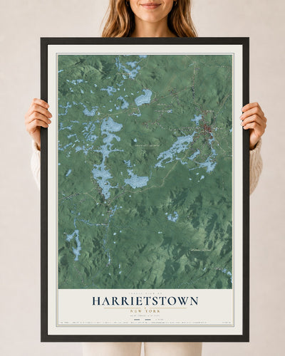 Harrietstown, New York map print, 24" x 36" W/ Black Ayous Wood Frame mockup
