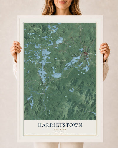 Harrietstown, New York map print, 24" x 36" W/ White Ayous Wood Frame mockup