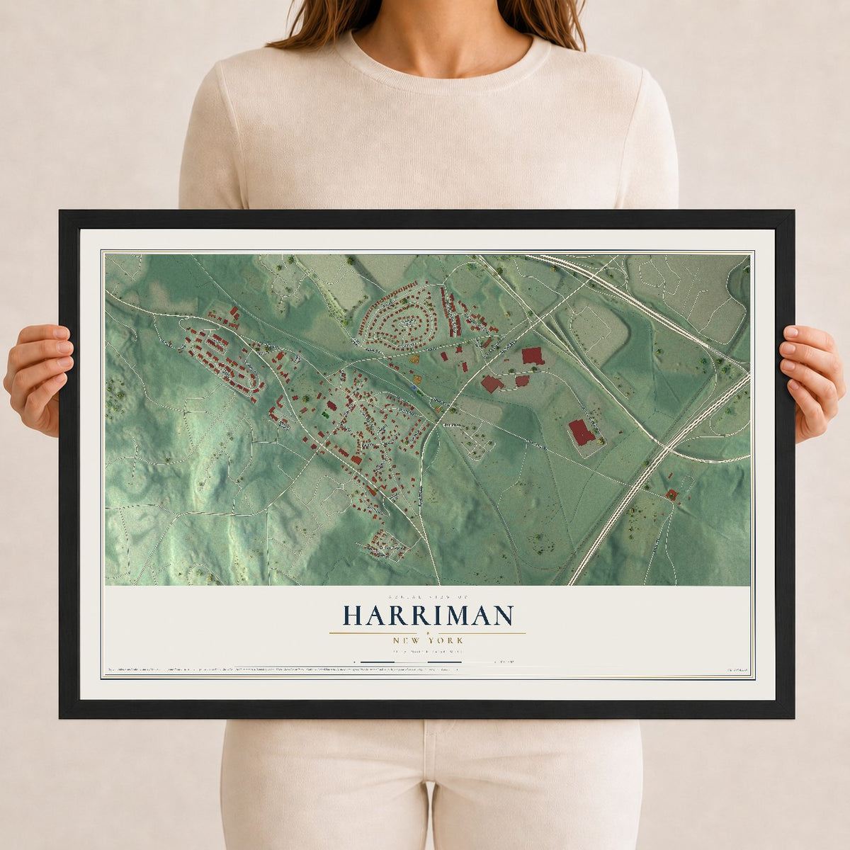 Harriman, New York map print, 12" x 18" W/ Black Ayous Wood Frame mockup