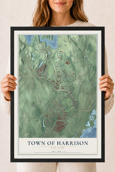 Map of the Town of Harrison, New York, 18 x 24 inch print in a black wood frame