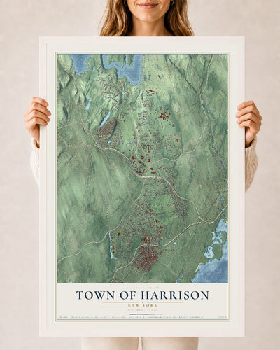 Map of the Town of Harrison, New York, 24 x 36 inch print in a white wood frame