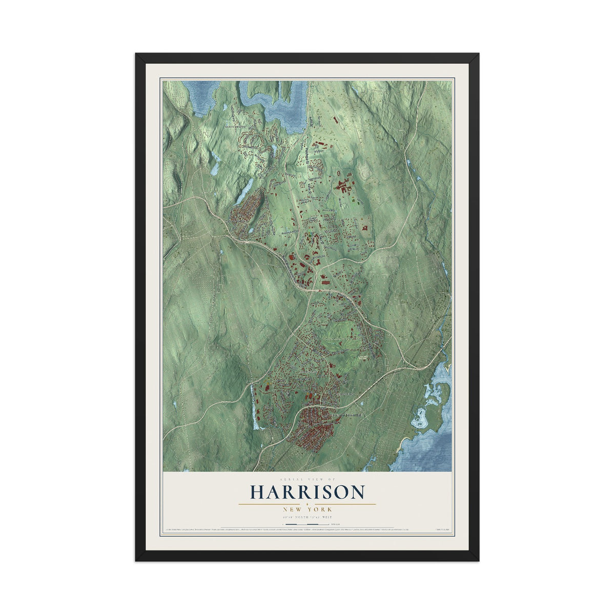 Harrison, New York map print, 12" x 18" W/ Black Ayous Wood Frame mockup