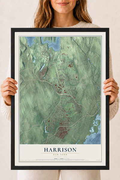Harrison, New York map print, 18" x 24" W/ Black Ayous Wood Frame mockup