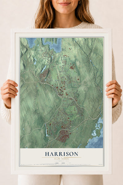Harrison, New York map print, 18" x 24" W/ White Ayous Wood Frame mockup