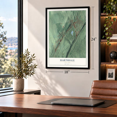 Hartsdale, New York map, 18 x 24 inch print in a black frame in a home office