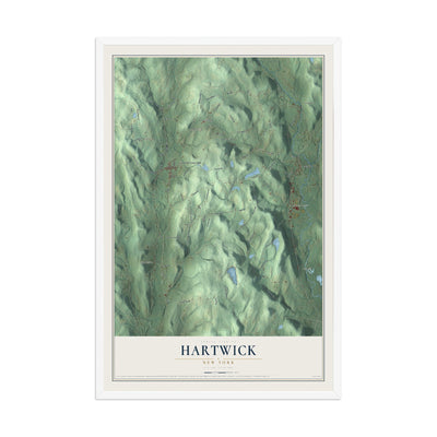 Hartwick, New York map print, 12" x 18" W/ White Ayous Wood Frame mockup
