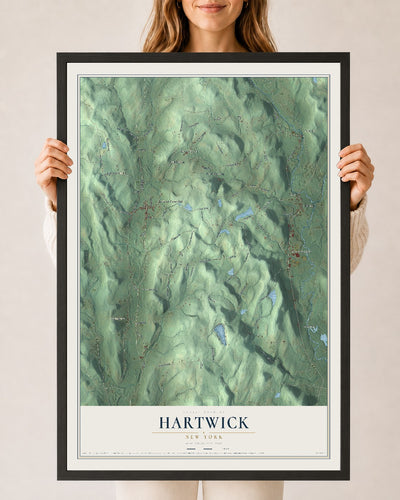 Hartwick, New York map print, 24" x 36" W/ Black Ayous Wood Frame mockup