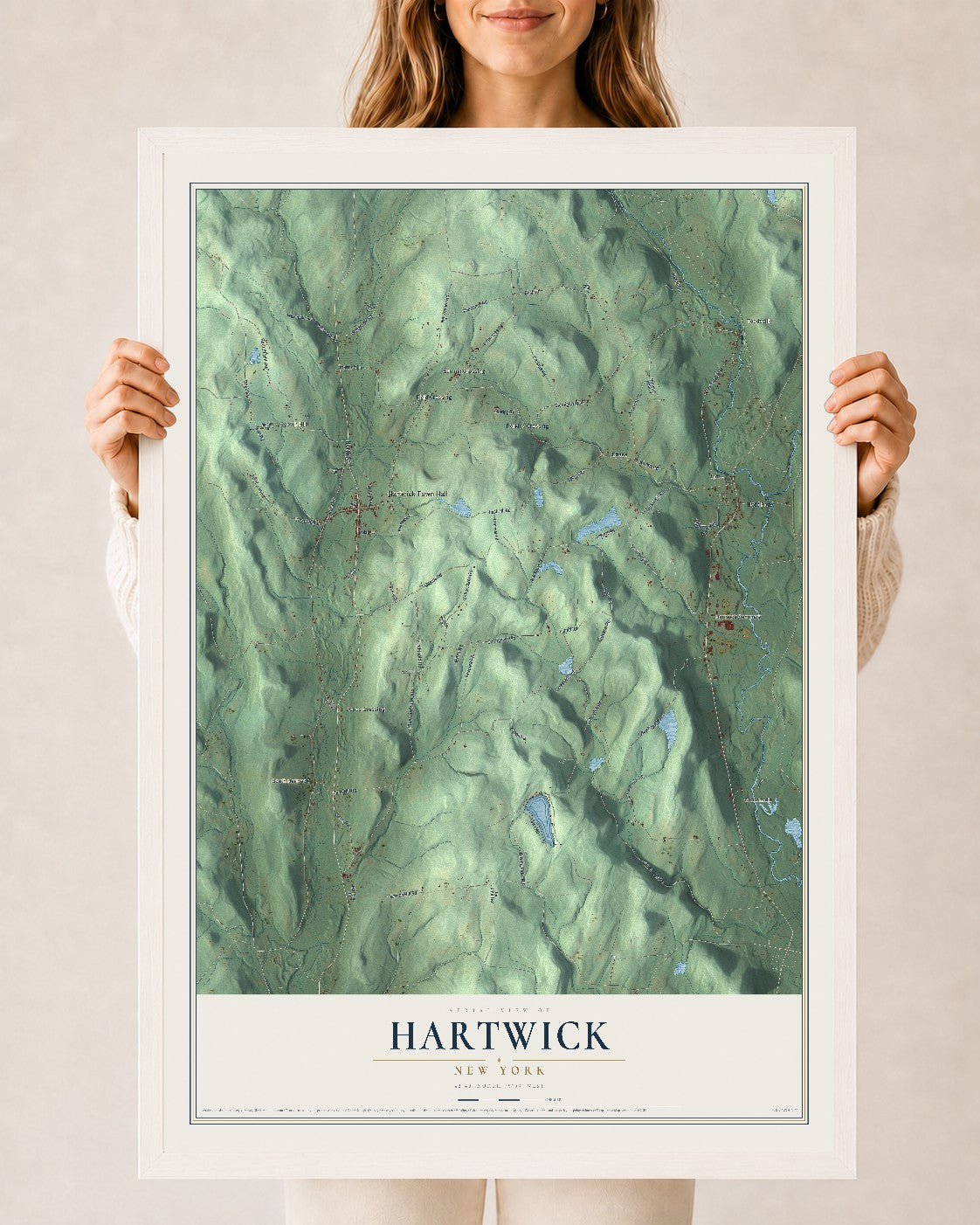 Hartwick, New York map print, 24" x 36" W/ White Ayous Wood Frame mockup