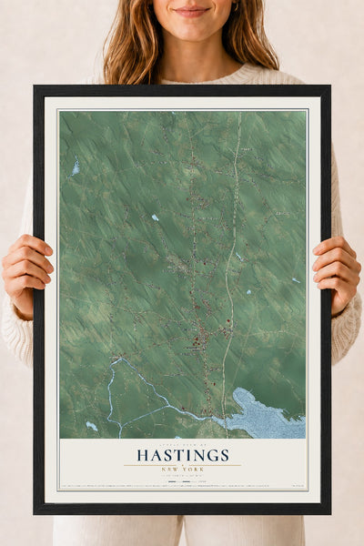 Hastings, New York map print, 18" x 24" W/ Black Ayous Wood Frame mockup